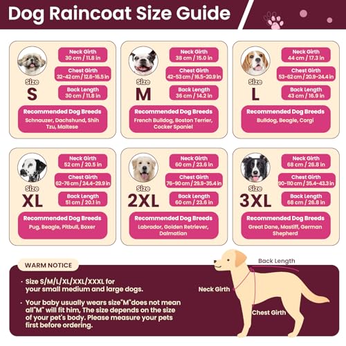 Dog Raincoat Waterproof Rain Jacket with Hood (L(Back Length16.9") / Rose Red)