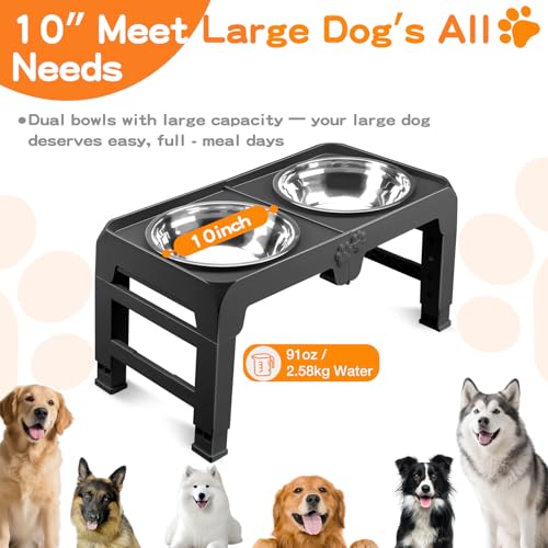 Elevated Dog Bowls for Large Dogs 5 Adjustable Heights 7.5" (Black / 10" for Large Dogs)