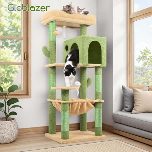 Cactus Cat Tree Tower with Scratching Post for Indoor Cats (Green / L)
