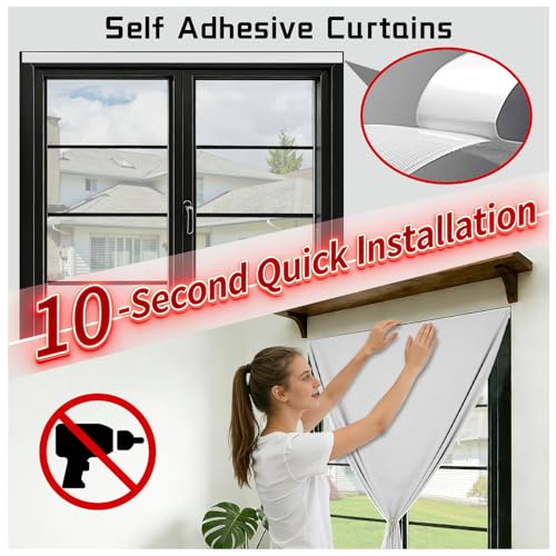 100% Blackout Self Adhesive Portable Curtains for Bedroom Easy to Install Window Thermal Lnsulated Kitchen Room Darkening Small Window Curtains (34"W x 80"L (Pack of 1) / Off-white)