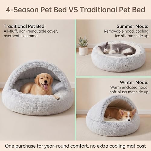 2-in-1 Convertible Cat & Dog Bed Cave with Removable Zipper Hood, Converts to Calming Donut Bed, Reversible Plush & Cooling Ice Silk Cushion (Grey, 19.7 in Small Size) (Grey / 19.7 in Small Size)
