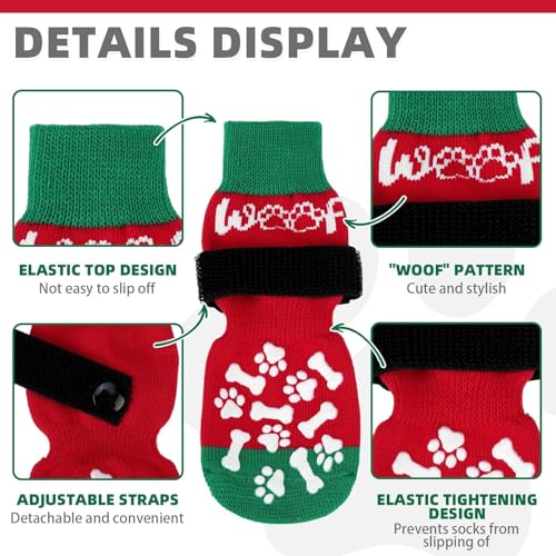 Anti Slip Dog Socks for Hot (Red&green With Woof / X-Large (4 Pack))