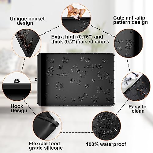 Dog Food Mat Silicone Dog Mat for Food and Water (Black / 28"L x 20"W)