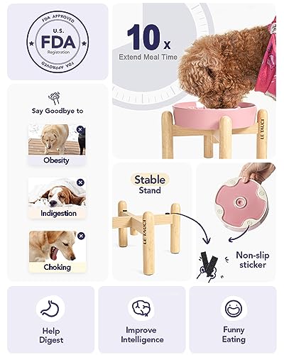 Ceramic Slow Feed Dog Bowls (Pink Bloom+Stand / S-0.6 Cups)