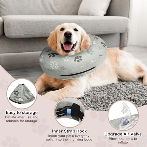 Dog Cone Alternative After Surgery Donut Collar Soft (Grey Footprints / L(Neck 16"-18"))