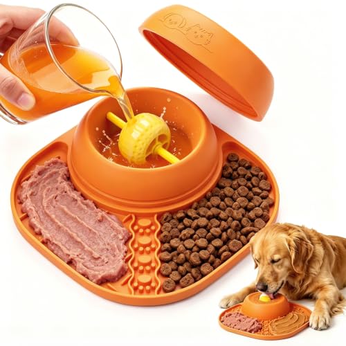 Slow Feeder Dog Bowls with Rolling Ball & Lick Mat (Orange)