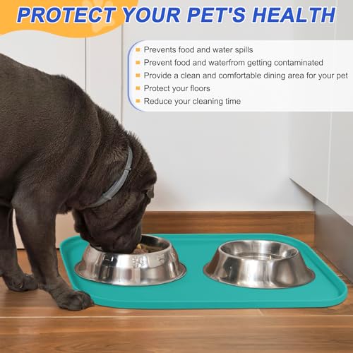 Waterproof Silicone Pet Food Mat with Raised Edge for Dog & Cat (Dark Turquoise / 24"L x 16"W)
