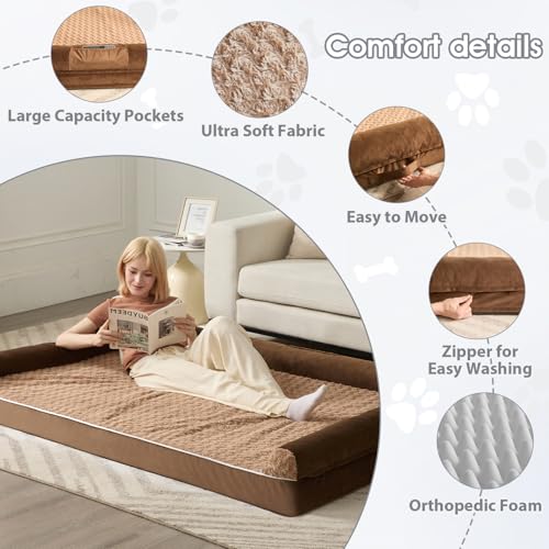 Orthopedic Washable Human Dog Bed for Adult & Dog Cozy Sleep (61"l x 43"w x 7"th / Brown)