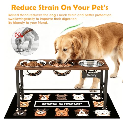 Triple Elevated Dog Bowls Stand for Multiple Dogs (Brown-L, 3 Bowls / Height:9-12.2inch)