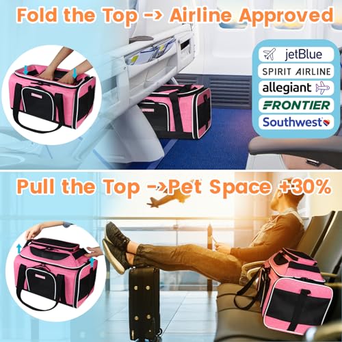 Top Expandable Small Pet Carrier 17"x12"x8.5" Airline Approved (17.0"L x 12.0"W x 8.5"H / Pink)