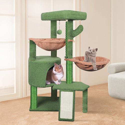 Wang Xin Three Layer Cat Tree with Cat Condo Scratch Pad and Two Hammocks (Small / Green)