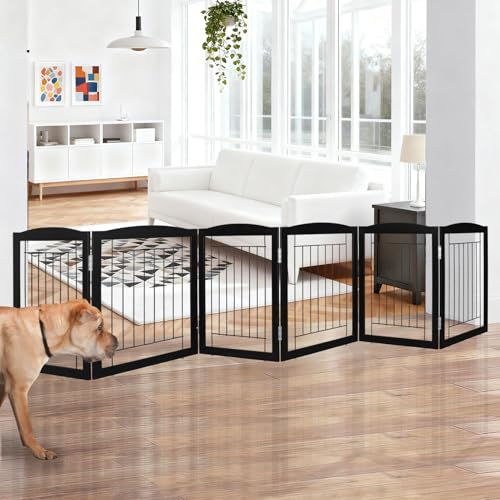 Freestanding Foldable Dog Gate for House Extra Wide Wooden Black Indoor Puppy Gate Stairs Dog Gates Doorways Tall Pet Gate 6 Panels Fence (Black / 【6 Panels】120''w x 24''h)