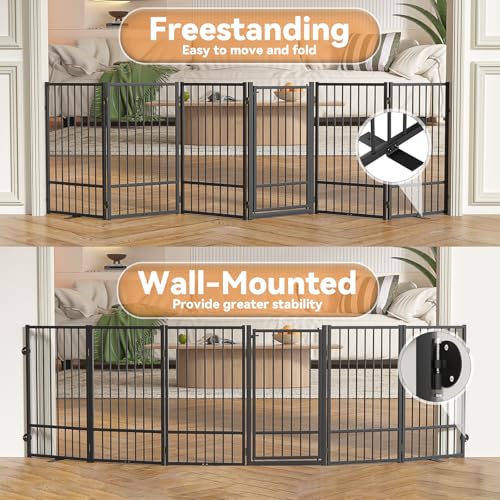 Full Metal Freestanding Dog Gate with Door (【6 Panels】120"W*36H" / Black)