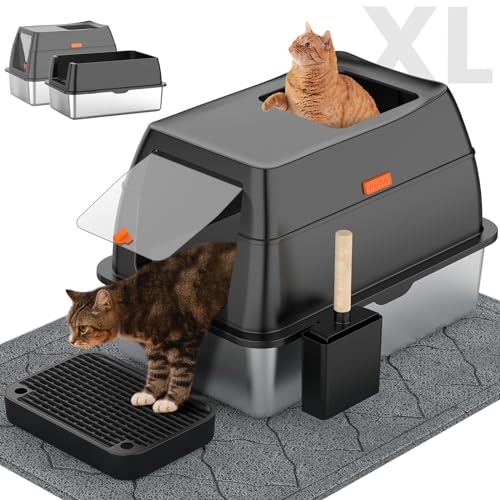 Extra Large Stainless Steel Litter Box with Lid (Black)