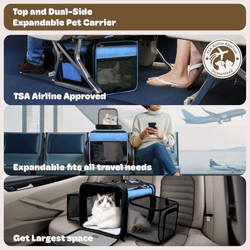 Top and 2 Sides Expandable Pet Carrier 17x11x9.5 TSA Airline Approved (Blue / 17.0"L x 11.0"W x 9.5"H)