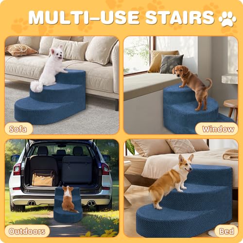 Dog Stairs 3 Steps Foam Pet Ramp for Small Dogs Cats (Navy blue-3-Step)