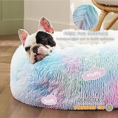 Calming Small Dog Bed Donut Washable Cat＆Puppy Bed (23"L x 23"W x 8"Th / Multi Color)