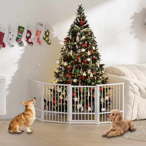Full Metal Freestanding Dog Gate with Door (【4 Panels】80"W*32H" / White)