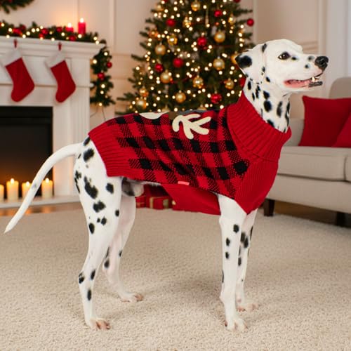 Dog Christmas Sweater for Large Dogs with Red Buffalo Plaid Reindeer (4XL (80-100lbs) / Christmas)