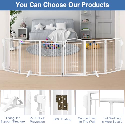 Metal Freestanding Dog Gate with Cat Door for Indoor&Outdoor (White / 【6 Panels with Door】120"W×32"H)
