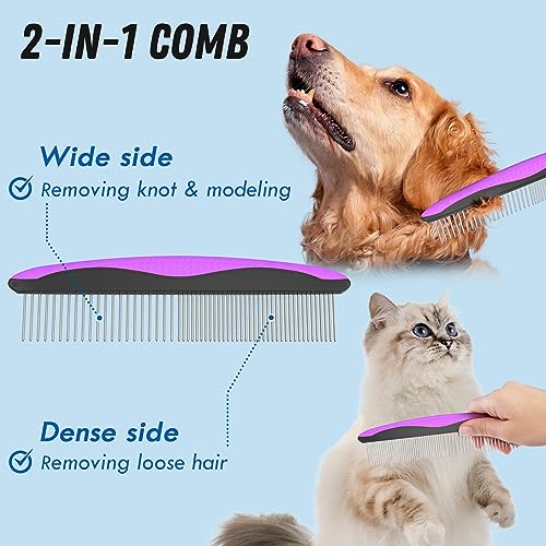 Pet Grooming Brush and Metal Comb Combo (Purple)
