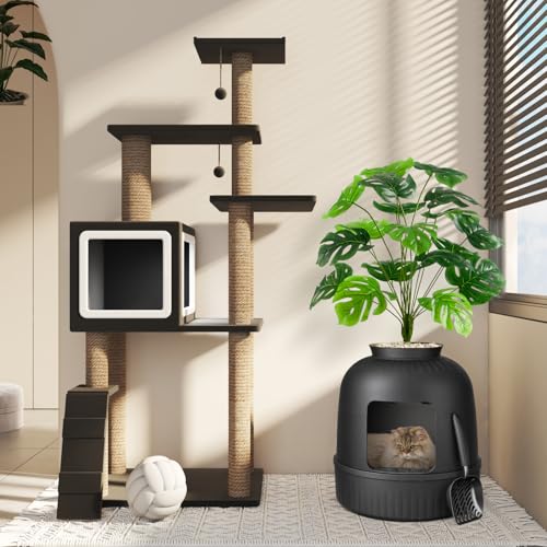 Hidden Plant Cat Litter Box with Stainsteel Scoop (Black)