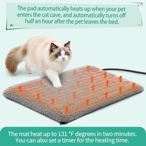 Smart Heated Cat Bed Cave Pet House Cushion Indoor Cats & Small Dogs (Gray L)