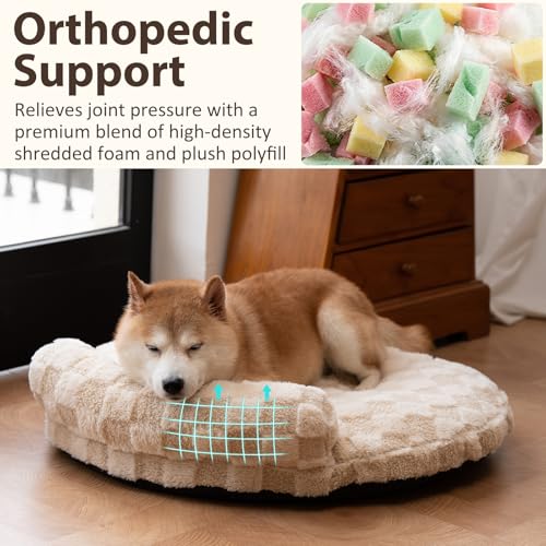 Orthopedic Dog Bed for Small Dogs and Cats Beige Oval 30x25x7 (Beige / 30"L x 25"W x 7"H)