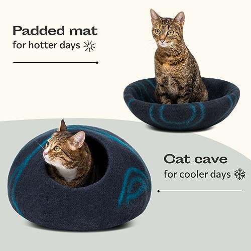 Cat Cave Merino Wool Bed for Indoor Cats (Black Aqua, Large)