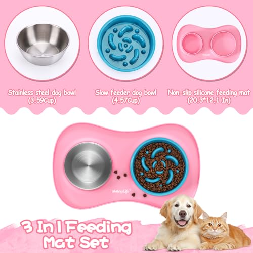 Dog Food and Water Bowl Set 3 in 1 (Large / Pink)