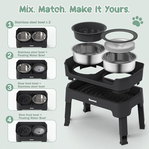 4 in 1 Adjustable Elevated Dog Bowls with 2*Stainless Steel Bowls (Black)