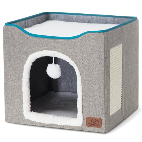 Cat House Bed for Indoor Cats with Fluffy Ball and Scratch Pad (Grey / Single)