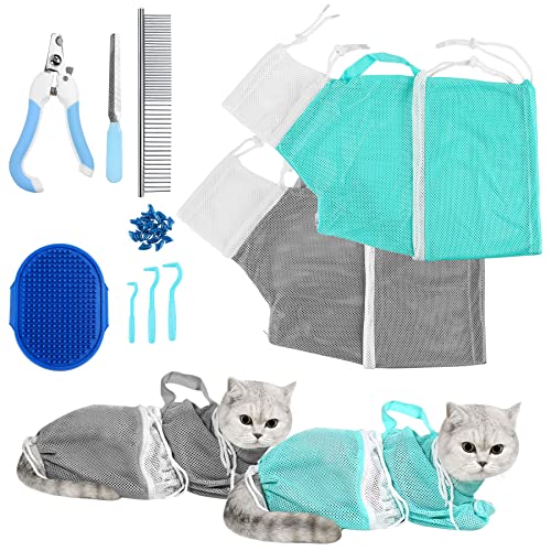 10 PCS Cat Washing Bag for Bath Shower Adjustable Net Grooming Set (Grey+Green)