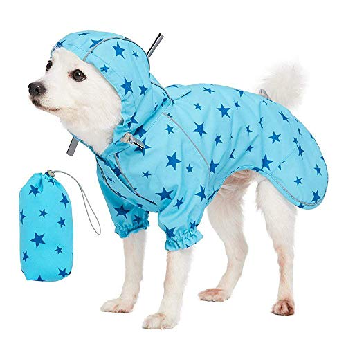 16" Star Prints Lightweight Reflective Waterproof Dog Raincoat with Hood & Harness Hole (16 Inch / 2-legged - Blue, Star Prints)