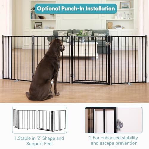Freestanding Dog Gate with Door for Indoor & Outdoor (Black / 【4 Panels with Door】104"W×30"H)