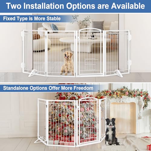Full Metal Freestanding Dog Gate with Cat Door for Indoor & Outdoor (White / 【4 Panels with Door】80"W×32"H)