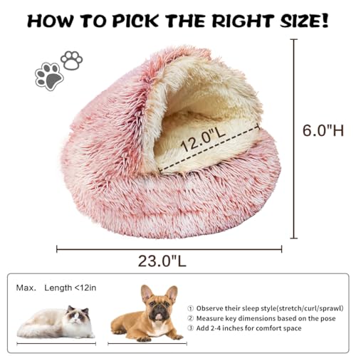 Cozy Cat Bed Round Plush Fluffy Hooded Cave (23.0"L x 23.0"W x 6.0"Th / pink)