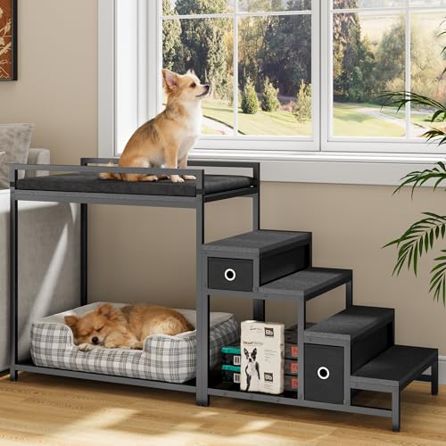 Pet Bunk Bed with Stairs and Storage (Black)