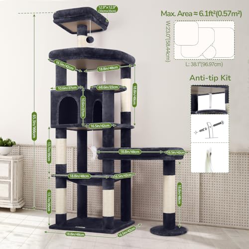 65in Sturdy Cat Tree Tower for Indoor Large Cats (65inch / Dark Grey)