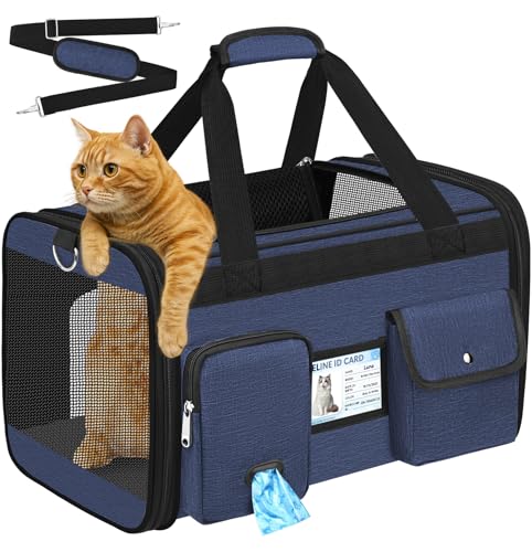 Large Cat Carrier Soft Sided Travel Pet Carrier Airline Approved (Navy Blue)