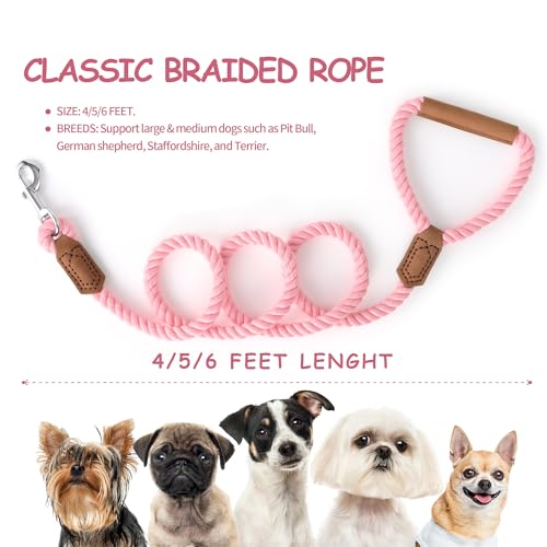 Dog Leash Braided Cotton Rope w (Candy Pink / 60 Inch-1/2")