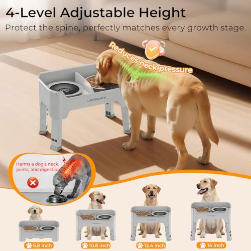 Mess Proof Elevated Dog Bowls 4 Height Adjustable Raised Stand (Light Grey / Large)