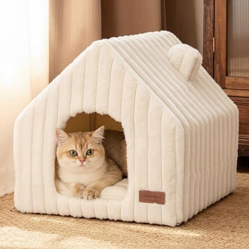 Cat Bed Cave Enclosed Washable Covered Dog Bed with Support Frame (Cream / 17 Inch (Cats up to 15 lbs, Dogs up to 10 lbs))