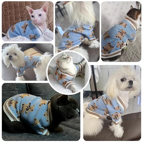 Small Dog Sweaters Cute Bear Dog Cardigans Clothes for Small Medium Dogs Boy Girl Puppy Cat Knitting Cardigan Outfits Dogs Winter Coats Warm Pet Doggy Clothes Soft Knitwear Apparel (Blue / Large)