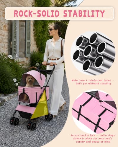 Pet Stroller 3 in1 Foldable Dog Cat Stroller with Detachable Carrier (PINK)