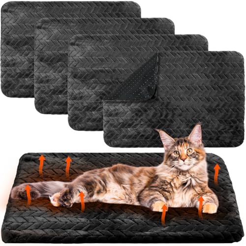 4 Pack Self Warming Cat Bed Mat Self Heating Pad for Dog Extra Warm Winter Pet Pad Washable Thermal Pads Mats for Pets Indoor Outdoor (Black / 20 x 28 Inch)