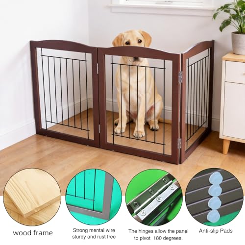 Freestanding Foldable Dog Gate for House Extra Wide Wooden Brown Puppy Gate Stairs Dog Gates Doorways Tall Pet Gate 24 "Height 3 Panels Pet Fence (Brown / 【3 Panels】60''w x 24''h)