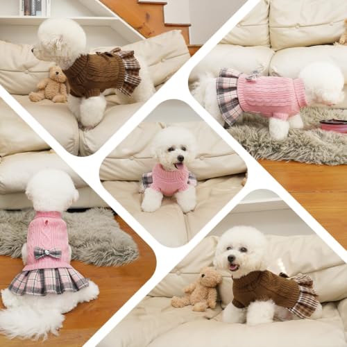 Small Dog Sweater Dress with Bowtie Turtleneck (X-Large (21-28lbs) / Brown)