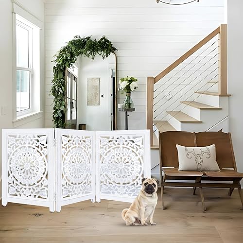 Lightnpro 3 Panel Wooden Dog Gate (Antique White Circle / 24x54 - Ember)