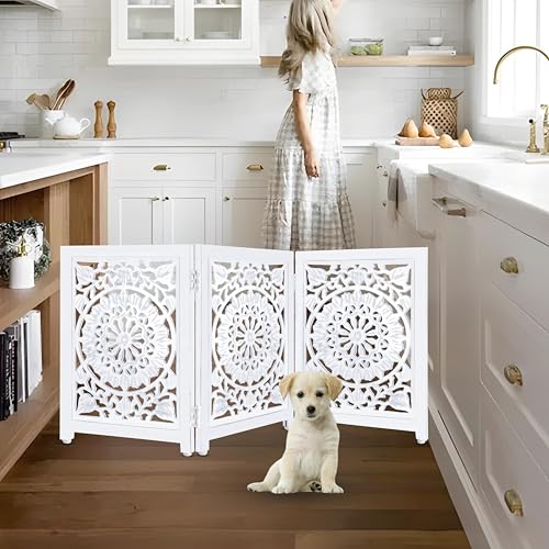 Lightnpro 3 Panel Wooden Dog Gate (Antique White Circle / 24x54 - Ember)